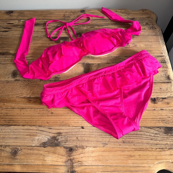 NWT Kenneth Cole Swimsuit Top Pink Ruffle Tie Neck Size Med - Picture 8 of 11